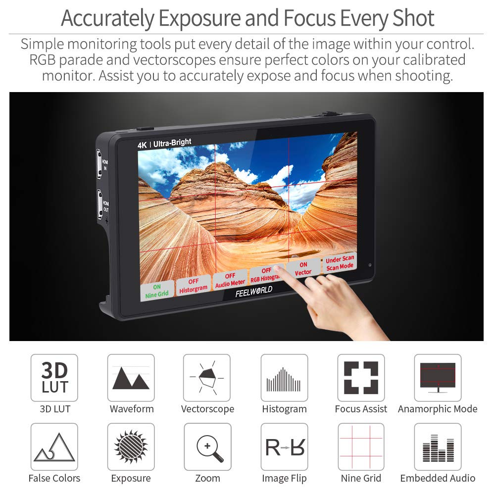 FEELWORLD LUT6 6 Inch 2600nits HDR 3D LUT Touch Screen DSLR Camera Field Monitor with Waveform VectorScope Histogram 4K HDMI Input Output 1920X1080