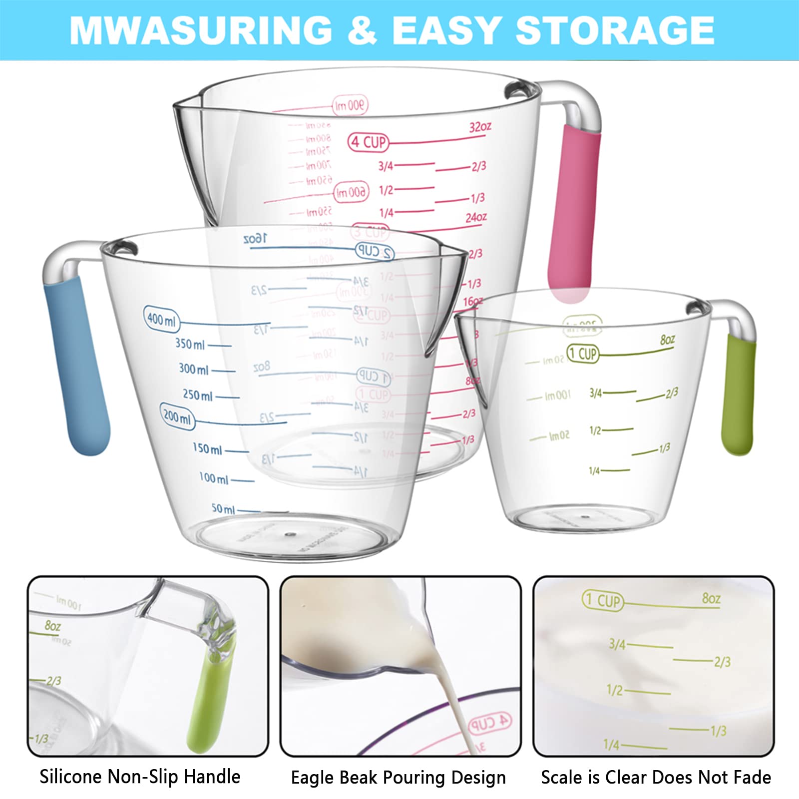 20-Piece Measuring Cups and Spoons Set, Nesting Stainless Steel Measuring Cups Spoons with Plastic Measuring Cup for Dry and Liquid Ingredients, Kitchen Cooking & Baking Gadgets