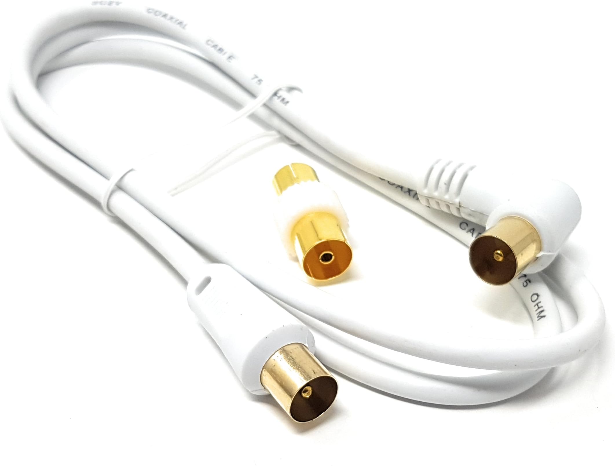 MainCore 1m long Right Angle TV/AV Aerial Antenna Coaxial Cable Lead with Coupler for TV, Freeview, Satellite, UHF/RF TVs, VCRs, DVD players, DVRs, Boxes