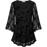 Bebonnie Womens Ruffle 3/4 Sleeve V Neck Double Layers Mesh Blouses Loose Fit Flowy Tunic Tops
