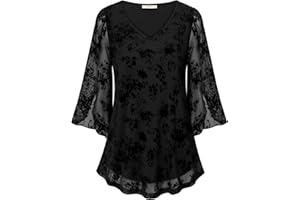 Bebonnie Womens Ruffle 3/4 Sleeve V Neck Double Layers Mesh Blouses Loose Fit Flowy Tunic Tops