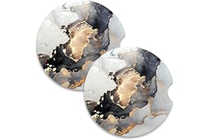 Nipichsha Car Coaster for Cup Holders, 2 Pack Absorbent Ceramic Car Cup Holder Coaster for Drinks, Cute Auto Assecories for Women Men, Size 2.56 in with Finger Notch & Cork Base, Black White Marble