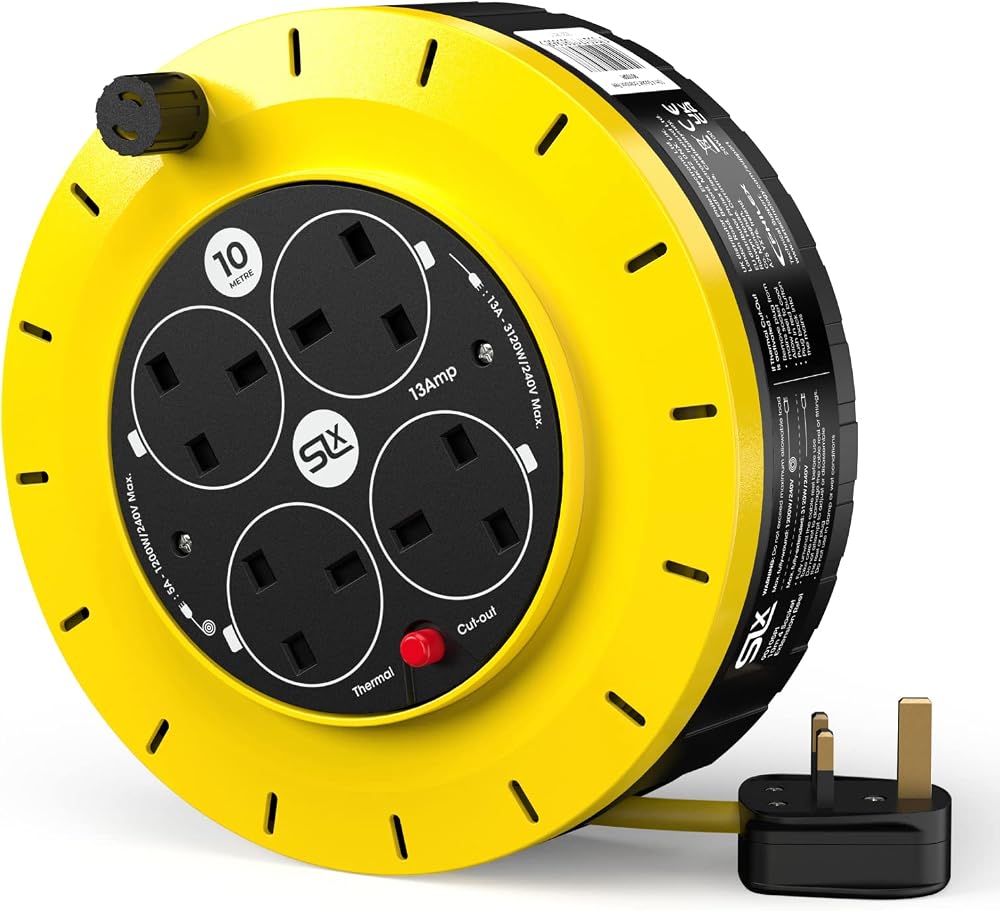 SLx Outdoor Extension Lead 10m 4 Socket Reel 13A UK Plug Fused