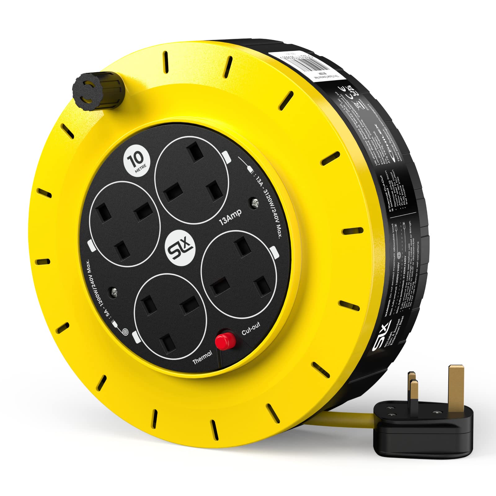 SLx Outdoor Extension Lead, 10m, 4 Socket Extension Reel, Heavy Duty Extension Cable, Thermal Cut Out, Extension Lead for Garden Lawn Mower Office, 13A Fused UK Plug