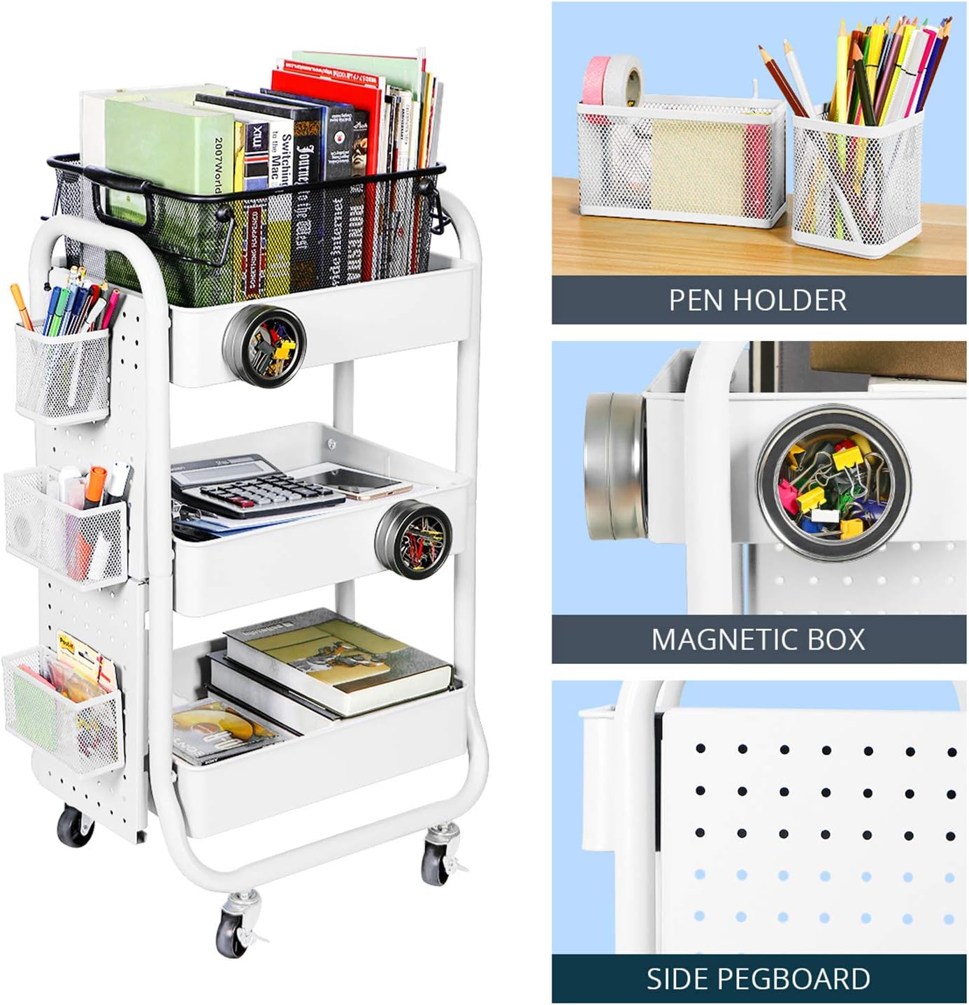 DESIGNA 3-Tier Metal Rolling Utility Cart with Handle & Removable Pegboard, Extra Office Storage Accessories Craft Art Carts, White: Home & Kitchen