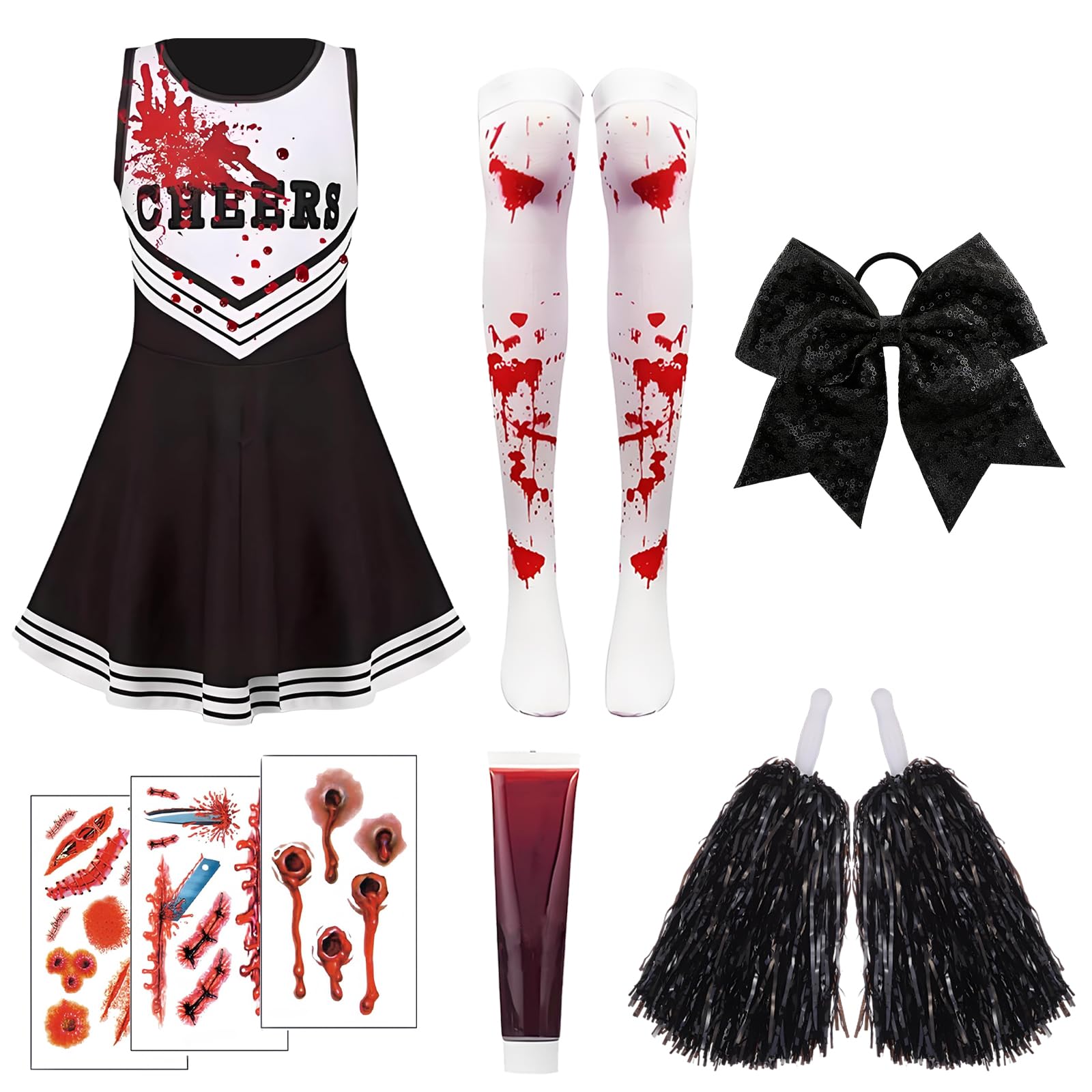 8 PCS 130 Yards Dead Cheerleader Halloween Costume Set - Fancy Dress Outfit - Zombie Costume with Fake Blood Socks Stickers Cheerleading Flower Ball and Bow(Suitable for people aged 15 and above)