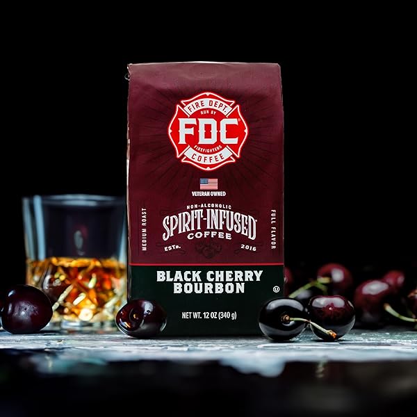 FIRE DEPARTMENT COFFEE – BLACK CHERRY BOURBON COFFEE – GIVES BACK TO FIREFIGHTERS – PREMIUM BOURBON INFUSED WHOLE BEAN – NON-ALCOHOLIC – ROASTED IN THE USA – VETERAN OWNED – 12 OZ