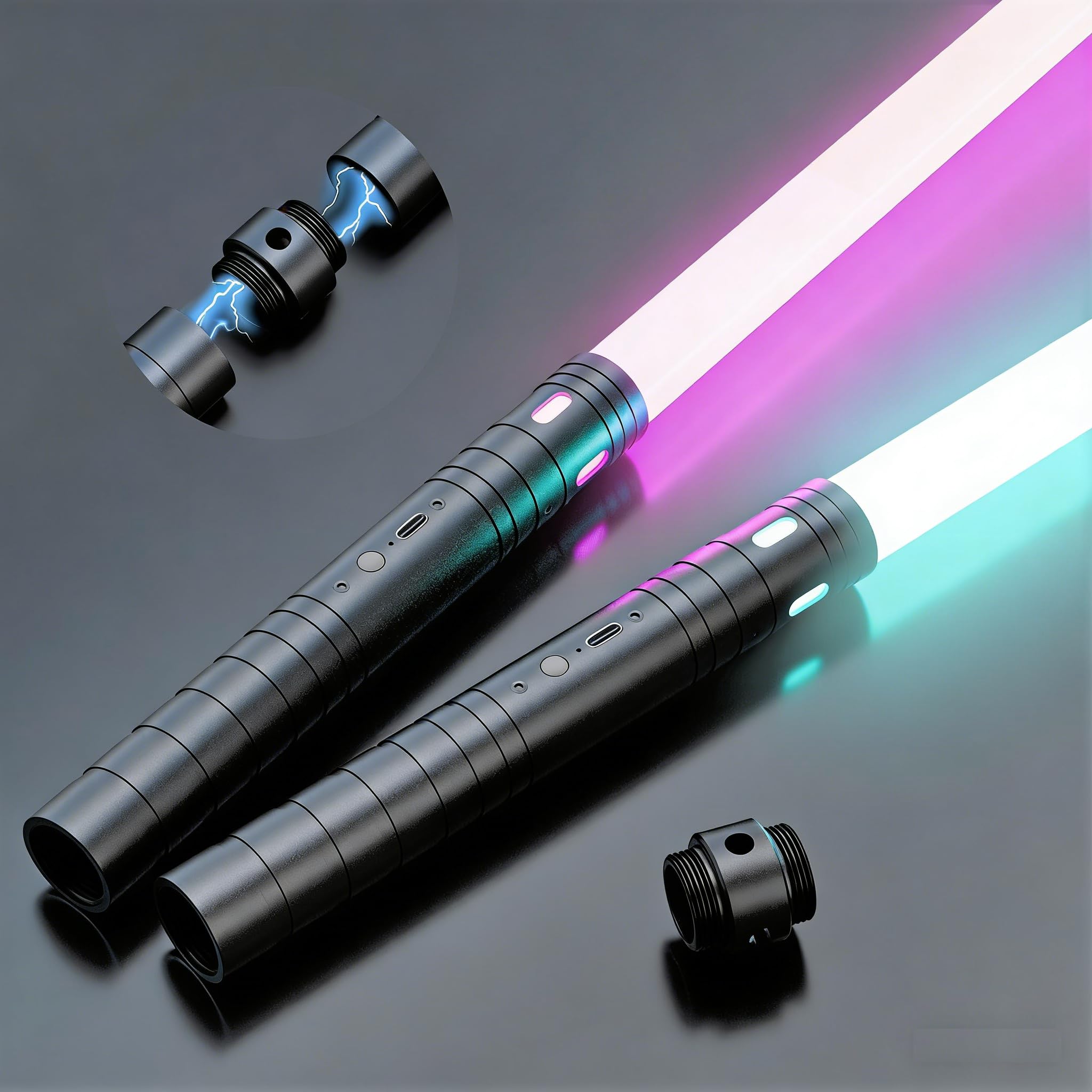 Photo 1 of **NO BATTERIES TO TEST FUNCTION** Juxaxia Lightsaber 2 Pack - Metal Hilt Dueling Light Sword with Connector (2-in-1), 20 RGB Colors & 3 Sound Modes, Rechargeable Cosplay Toy for Kids & Adults Gift, Halloween Christmas (24 in,Black)