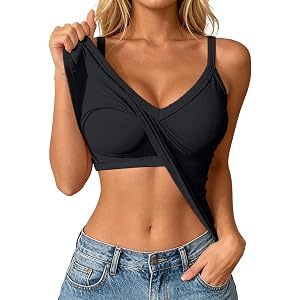 Workout Tops for Women Racerback Basic Tank with Built in Bras Camisole V Neck Slim Fit Ribbed Sleeveless