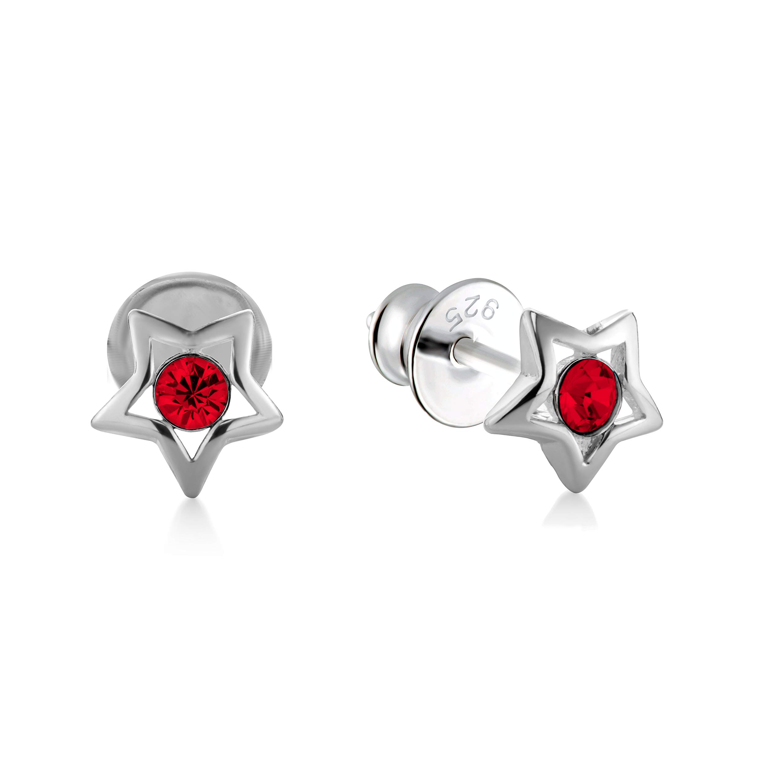 Butterfly Sterling Silver Childrens Earrings With Red Crystal Embellishment