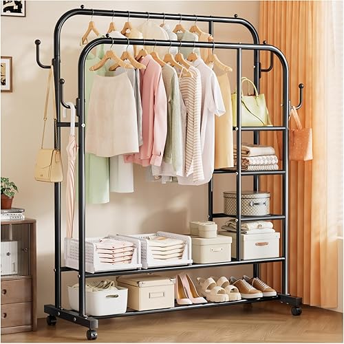 SavvyStor Upgraded Clothes Rail with Wheels,150KG Metal Heavy Duty Clothes Rack With Double Hanging Clothing Rail, Shoe Rack, 4 Coat Hooks, Open Wardrobe Clothes Rails for Bedroom Shop Dorm - Black