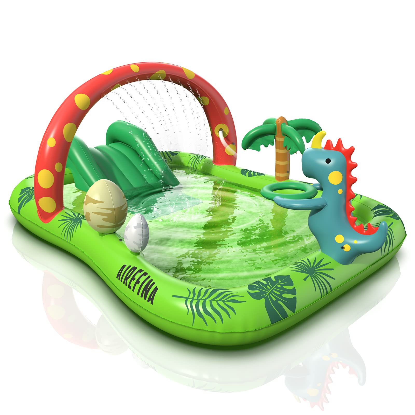 Photo 1 of Inflatable Kids Pool, Airefina Dino Planet Inflatable Play Center Kiddie Pool with Water Slide, Ultra Thick 97"x76"x41" Toddler Pool with Play Ball Hoop, for Backyard, Garden, Water Park, Ages 3+