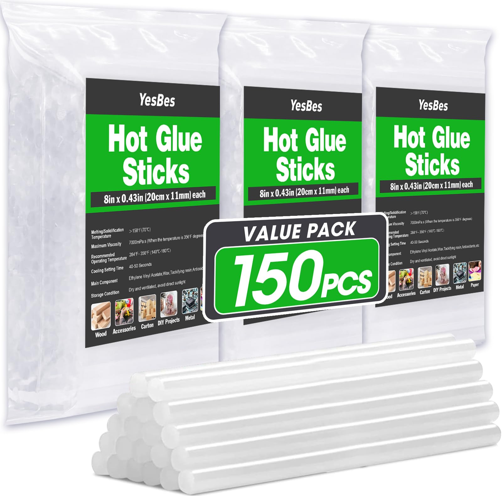 Photo 1 of  PCS Hot Glue Sticks, Full Size 8" Long x 0.43" Diameter Glue Sticks for Glue Gun, Widely Used in Wood, Metal, Glass, Plastic, Floral, Fabric, and More