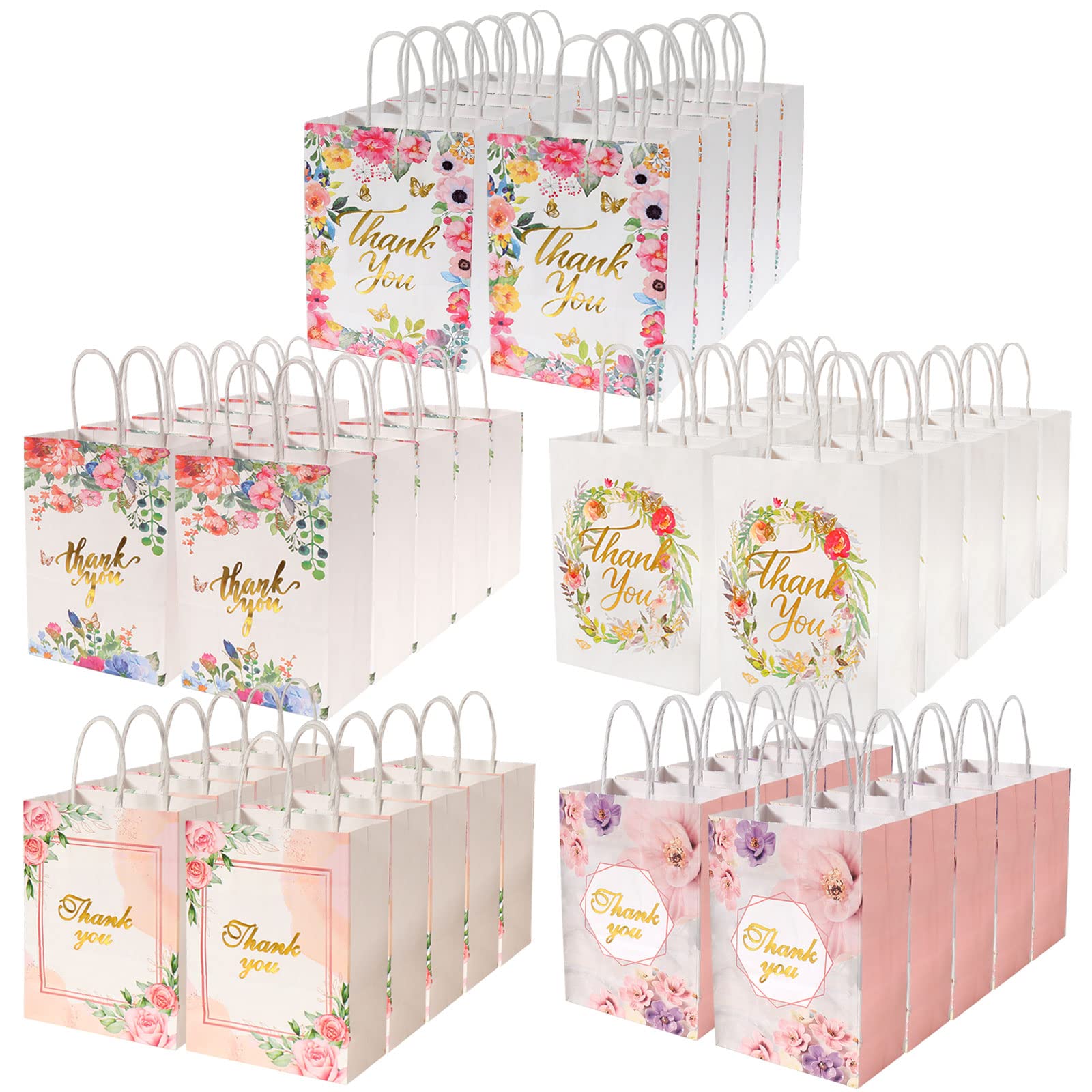 Photo 1 of Outink 50 Pcs Thank You Gift Bags Bulk Floral Design Thank You Paper Bags Colorful Thank You Bags for Wedding Business Baby Shower Boutique Birthday Party, 8"x6"x3"