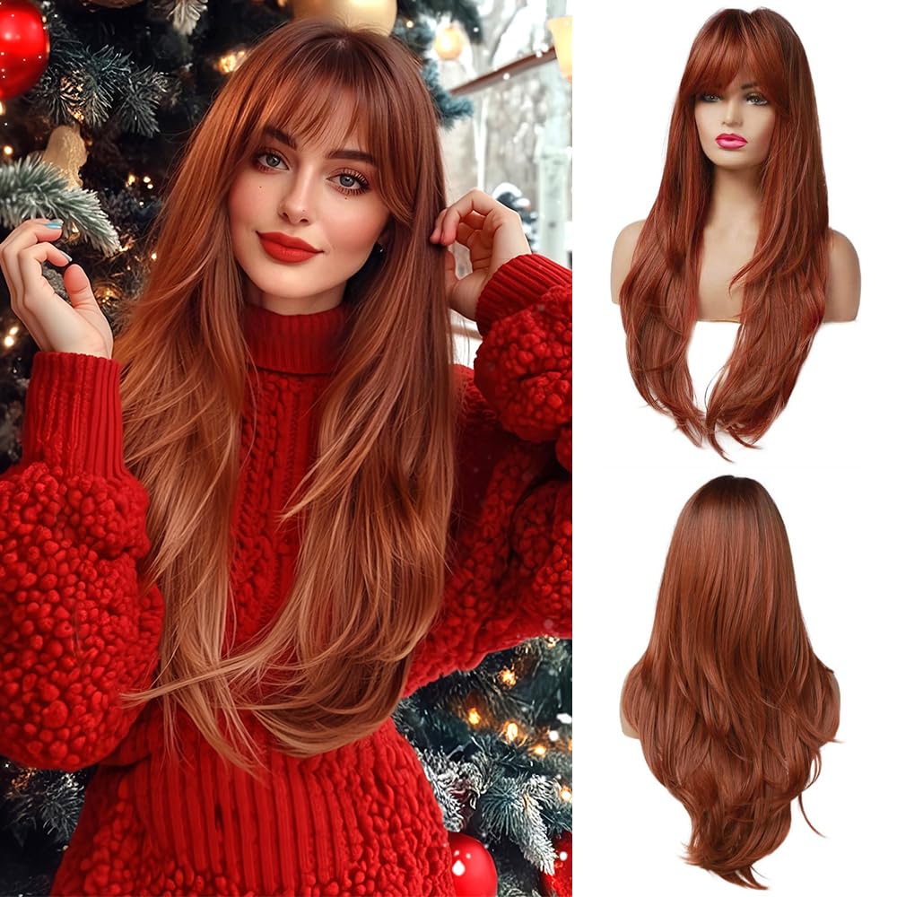 Photo 1 of Esmee 24 Inches Long Straight Auburn Layered Natural Synthetic Hair Wigs for Women with Dark Roots for Daily Party Use