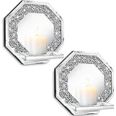 Wocred 2 stuks kandelaars voor het vasthouden van pijlerkaarsen, kristallen gebroken diamanten kandelaars set decor voor eetkamer, zilveren glazen votief kandelaars voor tafel middenstuk (30 cm