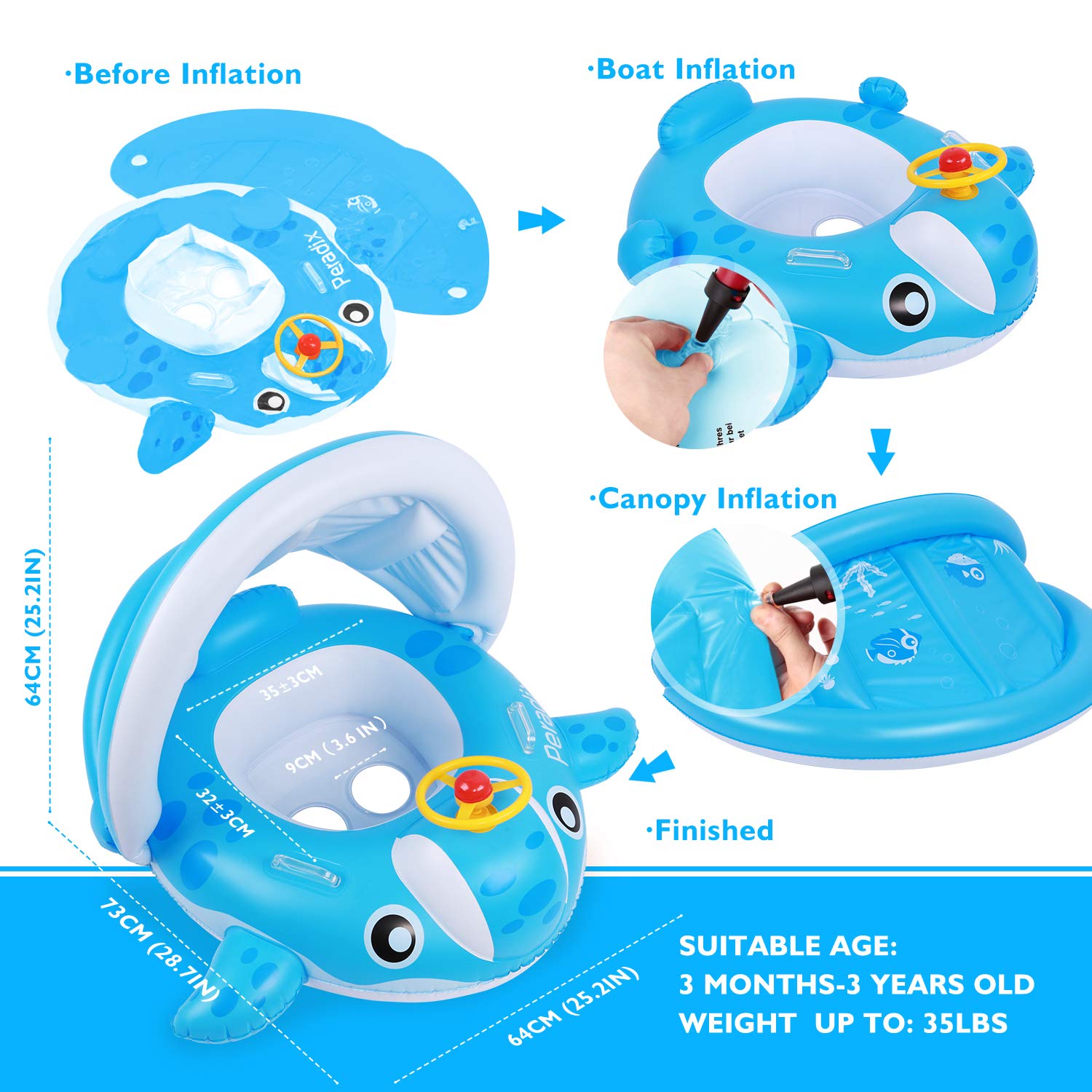 Peradix Piscina Salvagente per Bambini con Tettuccio Parasole Mutandina e Patch di Riparazione Baby Nuoto Anello Salvagente Regolabile Barca Gonfiabile Anello(Balena Blu)