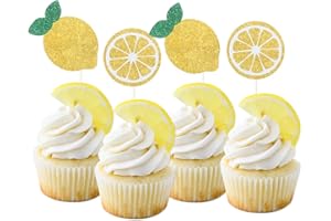 Oskal 24Pcs Glitter Lemon Cupcake Toppers Fruits Theme Party, Lemonade Party Decor, Summer Cupcake Toppers, Main Squeeze Party Decorations Tutti Frutti Cupcake Topper