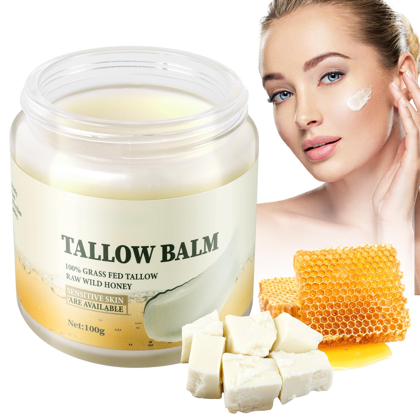 Weixinbuy Beef Tallow Skin Care Organic, Tallow and Honey Balm Natural Grass Fed Beef Tallow Honey Easy To Use, Beef Tallow Moisturiser Smooth Dry Skin for Body Face Care (100g)