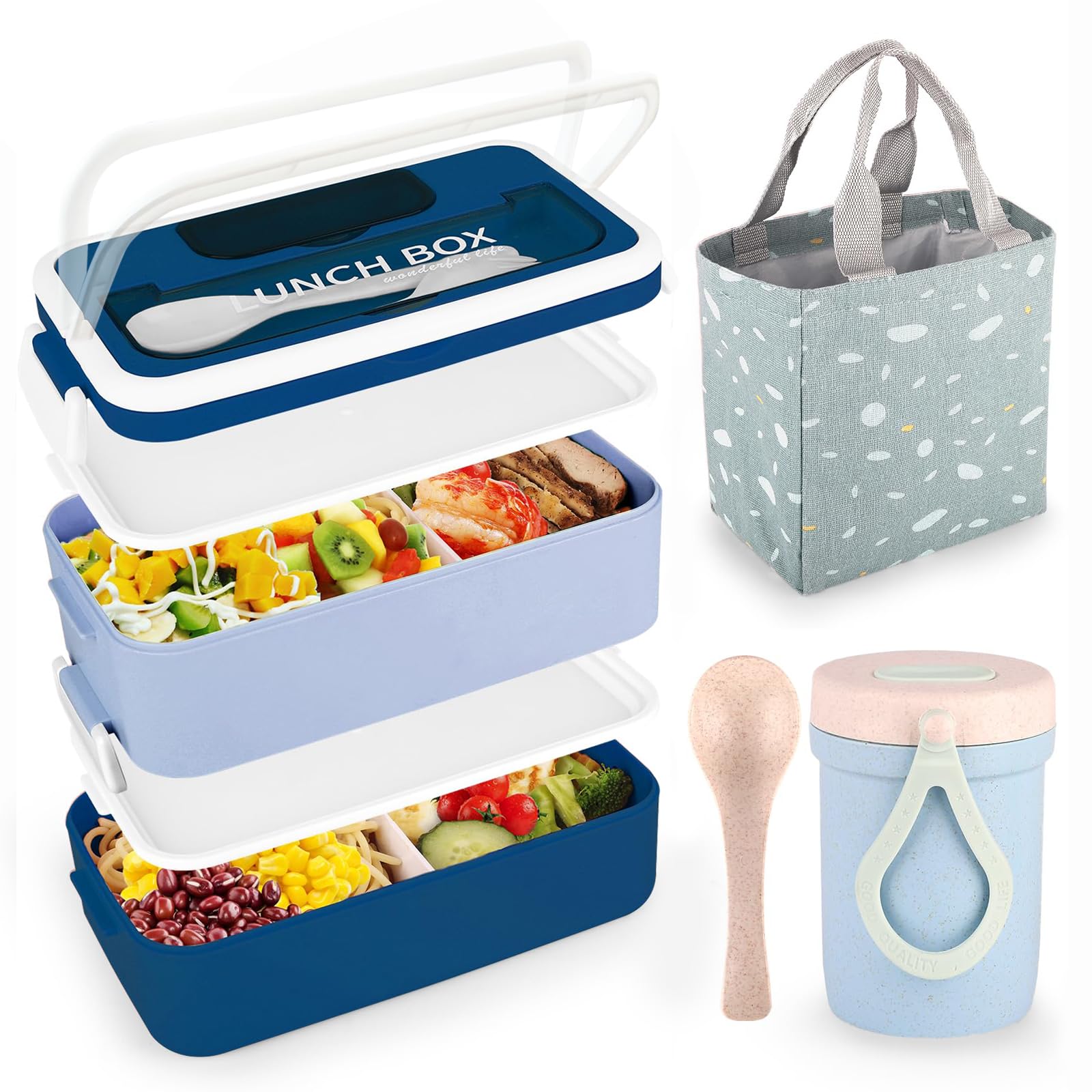 VEIOK Bento Lunch Box Adult 1600ml Lunchbox Stackable with Compartments and Bag (Blue)