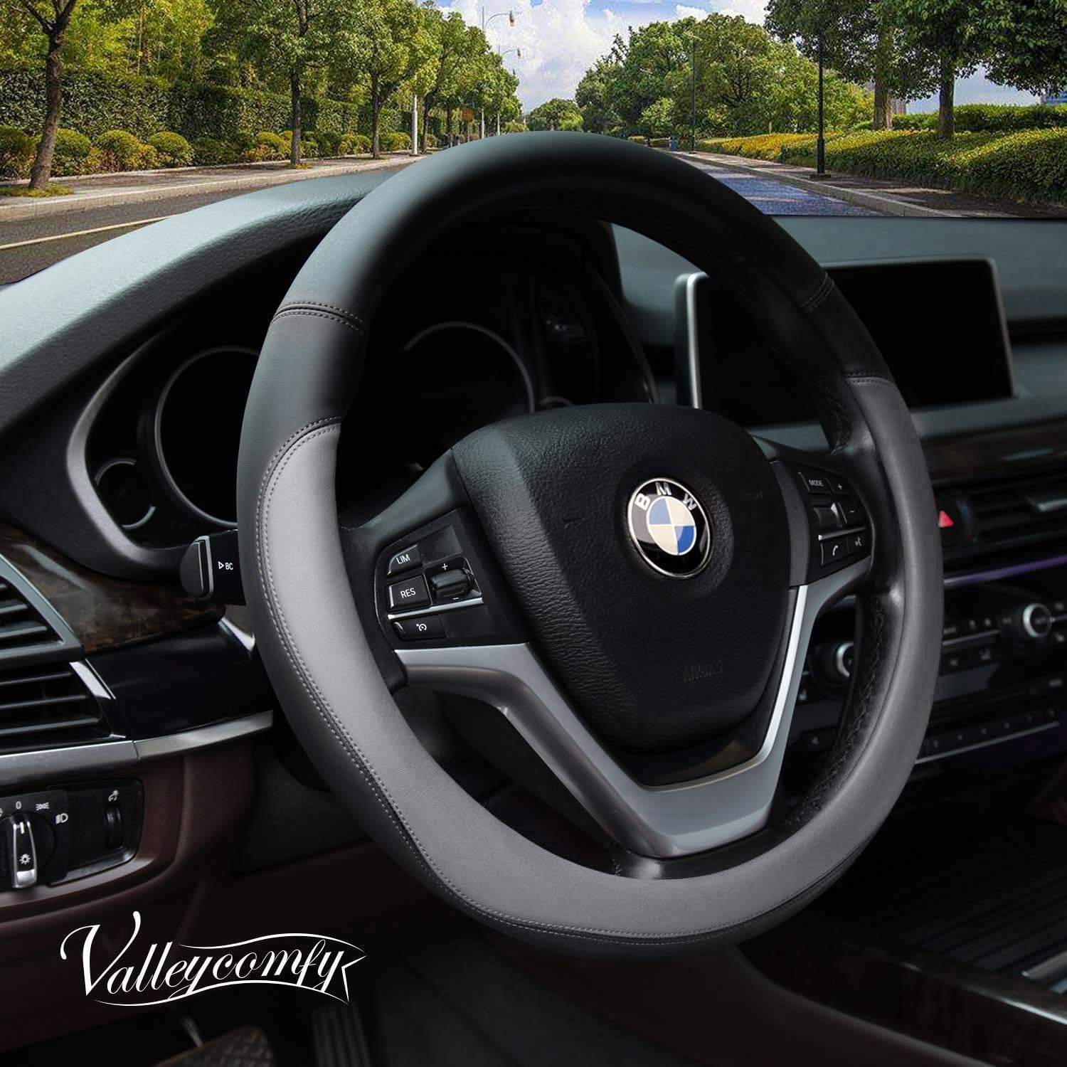 Valleycomfy Microfiber Leather Steering Wheel Covers Universal 15 inch (Gray): Automotive