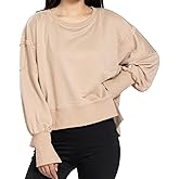 WayWholan Womens Crewneck Sweatshirts Cropped Long Sleeve Tops Oversize Loose Fit Tee Side Slit Pullover Tshirt