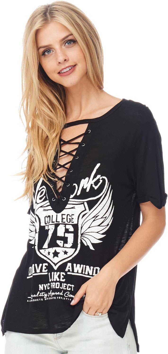 Julia Front Lace Up V Neck Printed Short Sleeve Graphic T Shirt Top Tunics Junior Sizes