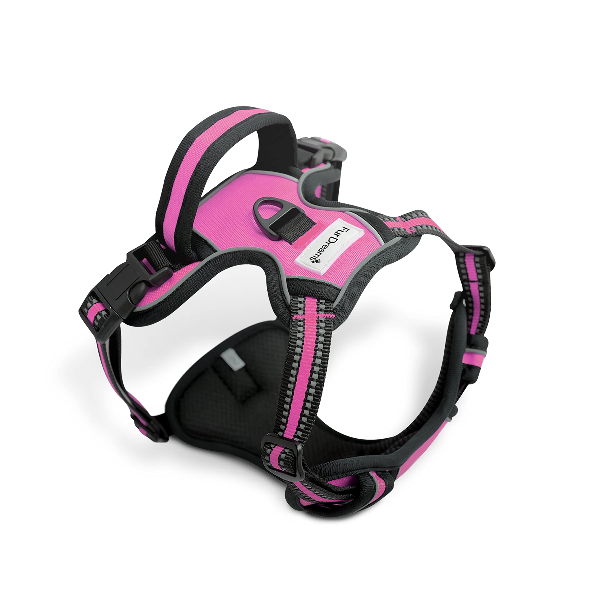 FurDreams Dog Harness – Secure Padded Vest Harness, Comfortable Material with Reflective Strips, Non-Restrictive, No Choke Fit with 4 Adjustable Straps, No Pull, Clip On Easy (Large, Pink)