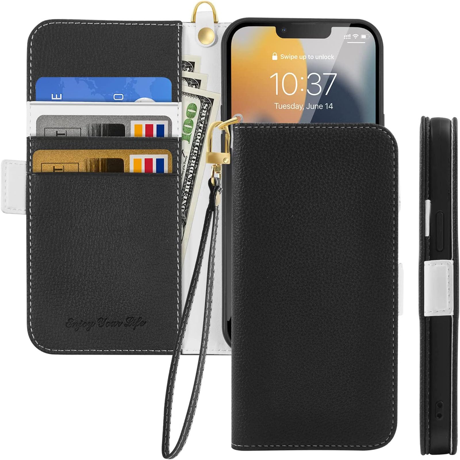 Tiyoo Flip Phone Case for Huawei P40 Pro, Premium Magnetic Wallet Case for Phone Protection, Lychee Pattern PU Leather with Card Slots and Wrist Strap, Shockproof Phone Cover for Huawei P40Pro, Black