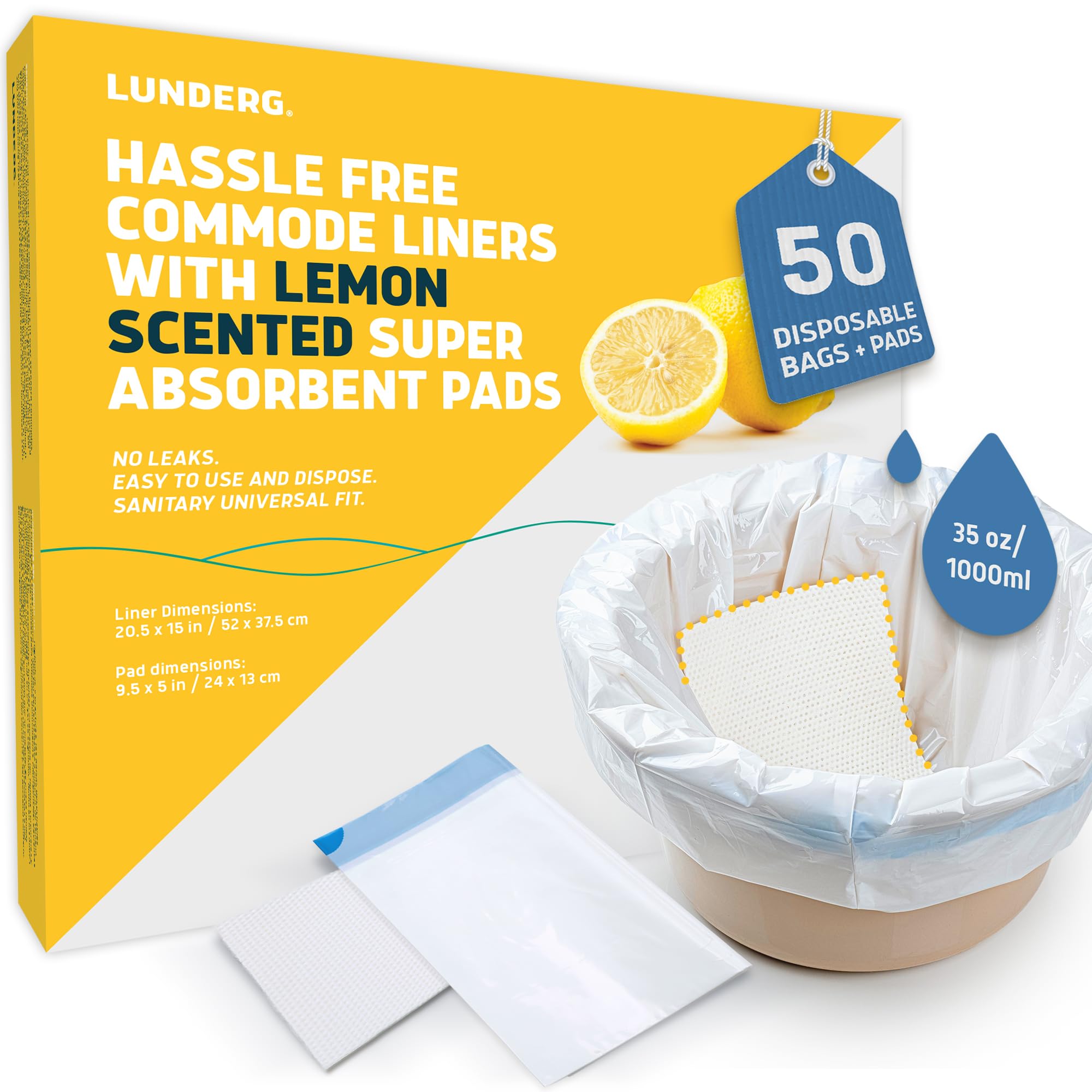 Lunderg Commode Liners with Absorbent Pads - Lemon Scent Medical Grade 50 Count Universal Fit - Disposable Bedside Commode Liners and Pads for Adult Chairs, Portable Buckets & Camping Toilet Bags