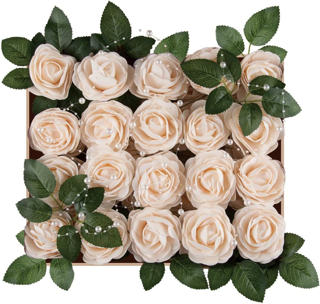 Meiliy 40pcs Artificial Flowers Cream Roses Real Looking Foam Roses Bulk w/Stem for DIY Wedding Bouquets Boutonnieres Corsages Centerpieces Wreath Supplies Cake Flower Decorations
