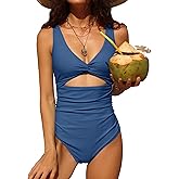 Charmo Womens One Piece Swimsuit Ruched Tummy Control High Cut Backless V Neck Bathing Suits Swimwear