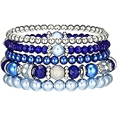 Noessla Beaded Pearl Stretch Bracelet Silver Stackable Crystal Beads Bracelets Trendy Costume Jewelry Mothers Day Gifts for Women