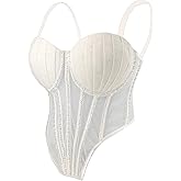 ELLACCI Women Beaded Trim Mesh Corset Bodysuit Pleated Padded Cups Bustier Top White