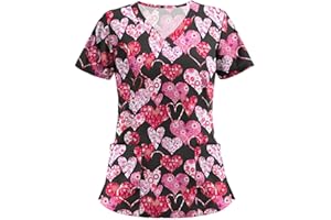 ODEUIAOD Womens Scrub Tops Fashion Printed Work Uniform T-Shirt V Neck Short Sleeve Nurse Scrub Tunic Blouse with Pockets