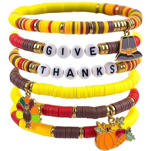 OHOME Fall Outfits for Women 2025 - 6 Pack Thanksgiving Bracelets | Thanksgiving Shirts Dress Pajamas Sweatshirts Tops for Girls - Funny Friendsgiving Decorations Decor Party Supplies for Adults