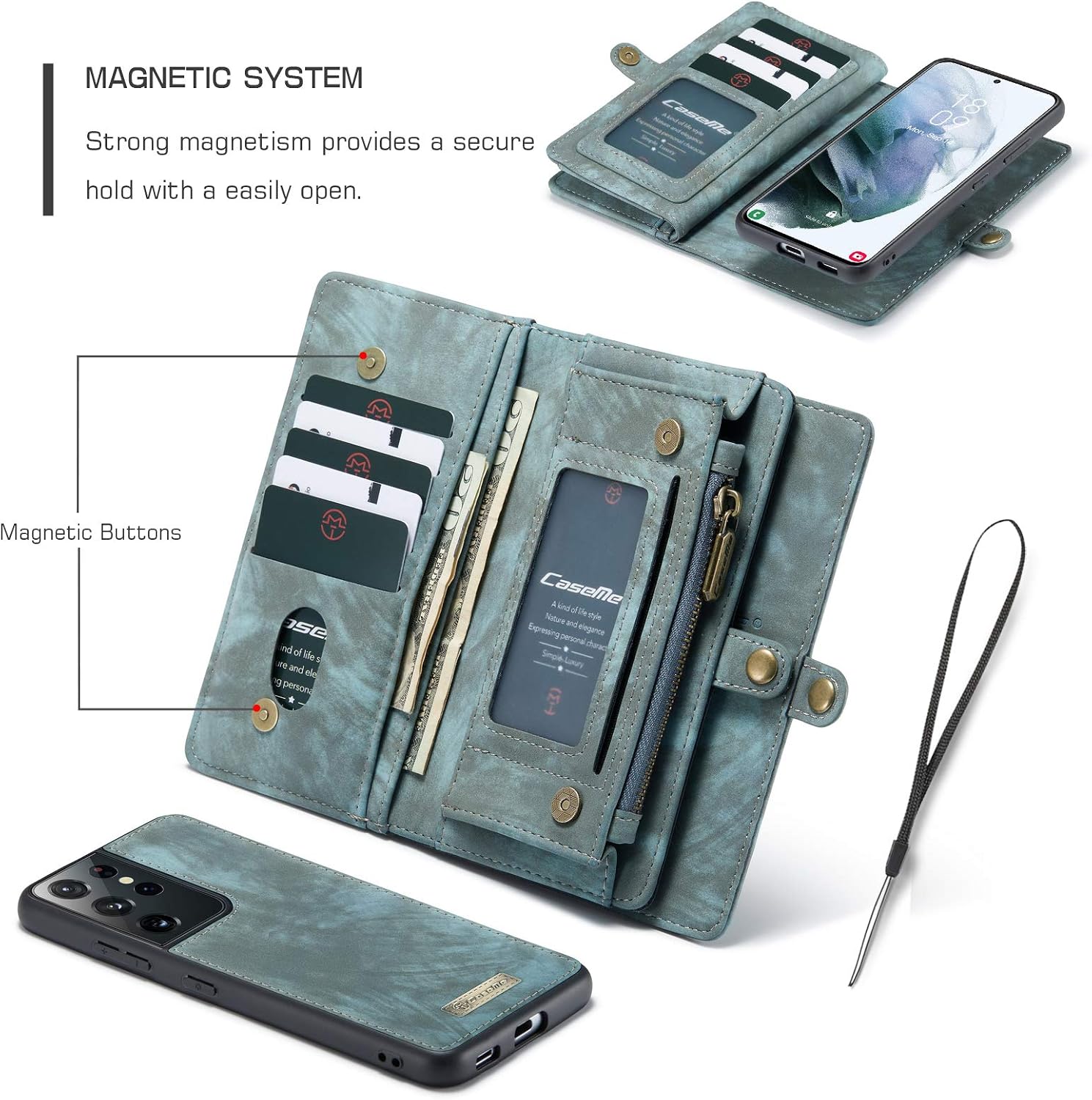 ANROD Detachable Leather Wallet Case for Samsung Galaxy S21 Ultra,CaseMe Magnetic Closure 2-in-1 Flip TPU Shockproof Zipper Purse Back Cover with Card Slots (Blue) - Image 4