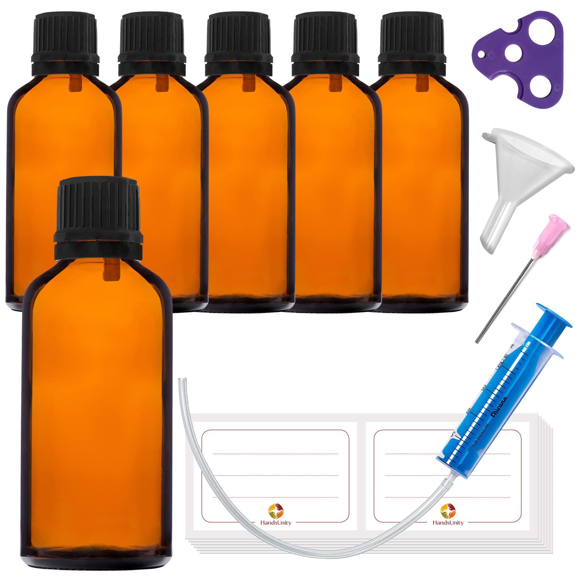 HandsUnity 50ml-6pcs Dropper Insert Bottle Small Amber Glass Bottle – Apothecary Glass with Black Dropper Insert Cap made of Brown Glass set including 18 auxiliary Accessories