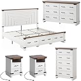 AMERLIFE 5-Piece Farmhouse Bedroom Set, Rustic Wood King Bed Frame with 51" Tall Headboard, 6-Drawer Dresser, 5-Drawer Tall Chest, Nightstands Set of 2 with Charging Station, White