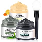 BOJICA 3PCS Clay Face Mask Skincare - Facial Skin Care Mask for Deep Pore Cleansing Turmeric Dead Sea Mud Green Tea Purifying and Hydrating - Reduce Acne Blackheads for Women and Men 2.5 OZ each