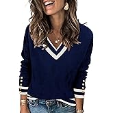 AKEWEI Womens V Neck Sweaters Long Sleeve Lightweight Knit Pullover Tops with Decorative Buttons