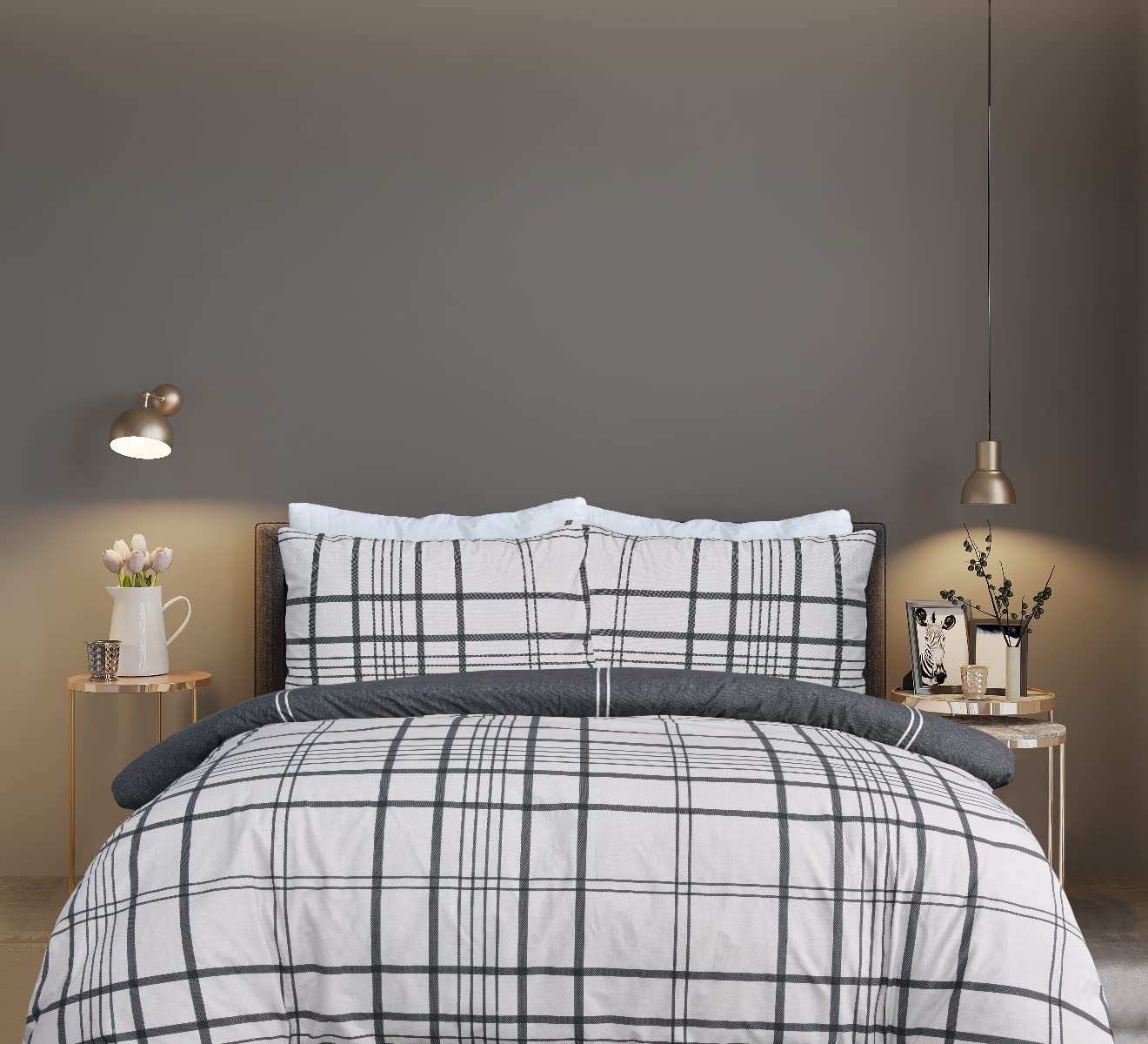 Sleepdown 100% Pure Cotton Check Natural Black Reversible Duvet Cover Quilt Pillow Cases Bedding Set Soft Easy Care - Double (200cm x 200cm)