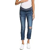 Foucome Women's Maternity Jeans Stretch Ripped Boyfriend Jeans Pregnancy Denim Pants with Pockets