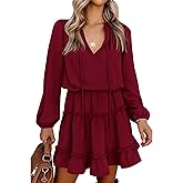 BTFBM Long Sleeve Fall Dresses for Women 2026 Summer Casual Tie Neck Ruffle Tiered A Line Wedding Guest Short Mini Dress