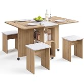 Mondeer Folding Dining Table with 4 Chairs for Small Spaces, Natural Wood | Drop Leaf Table and Chairs for Small Spaces, Folding Dining with Storage Shelf and Wheels for Kitchen Dining Room