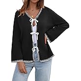 JUYUEO Tie Front Bow Cardigan for Women Trendy 2025 Casual Bell Long Sleeve Chunky Knit Cardigan Sweater Winter Clothing Coat