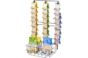 Glolaurge Chip Holder with a Storage Basket, Chip Rack Display Stand with 48 Clips, Metal 3-Row Chip Organizer, Durable Sturdy Chip Stand,Chip Stand Display for Party