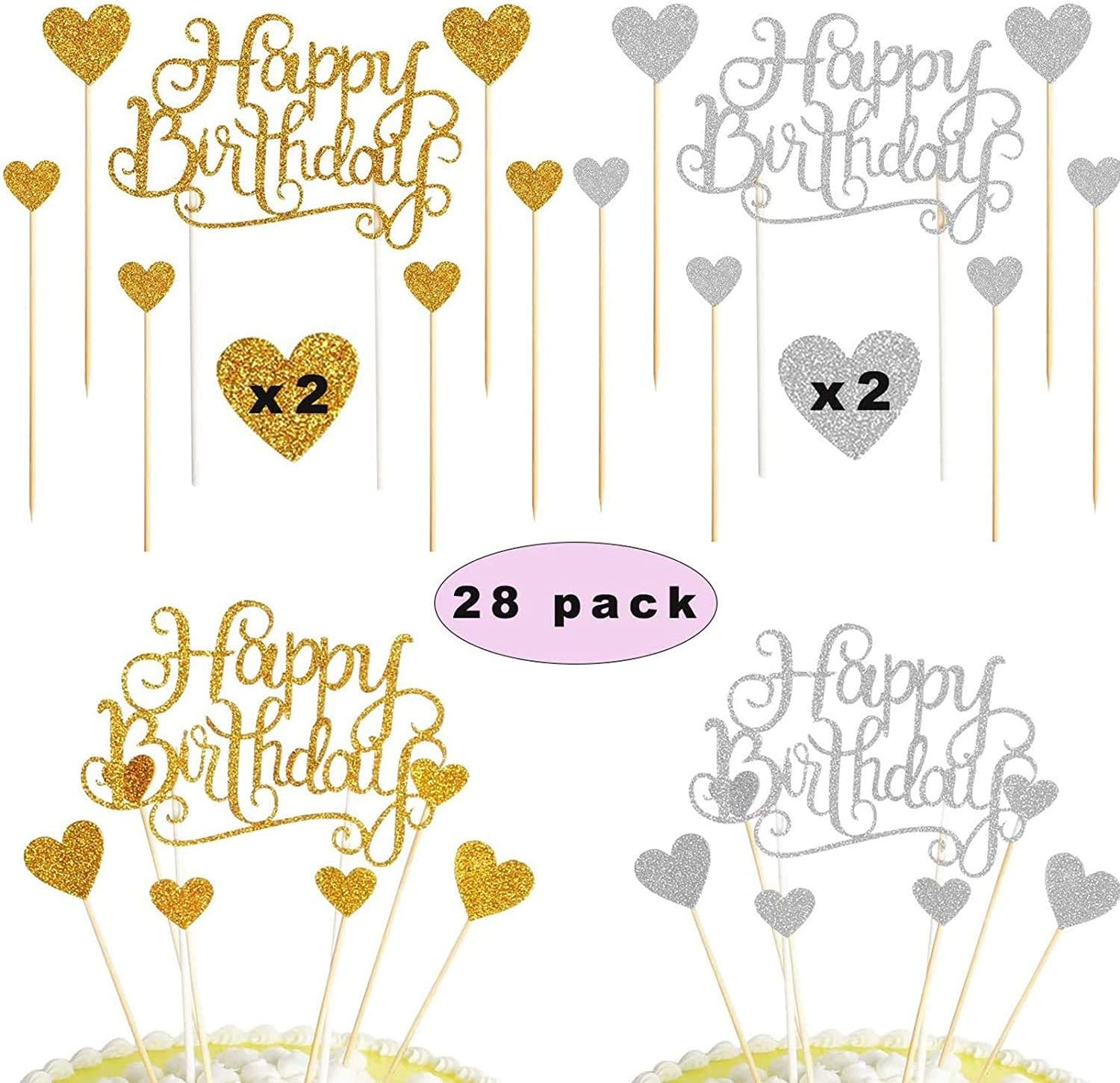 Sunshine smile glitter birthday cake topper,birthday cake topper gold silver stars,happy birthday cake topper party decoration,cupcake topper(28 pieces)