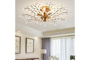 Ganeed Crystal Chandeliers,Vintage K9 Clear LED Ceiling Lighting,Edison Pendant Light Flush Mounted Fixture with 5 Light for Living Room Dinning Room Restaurant Porch Hallway (Gold)