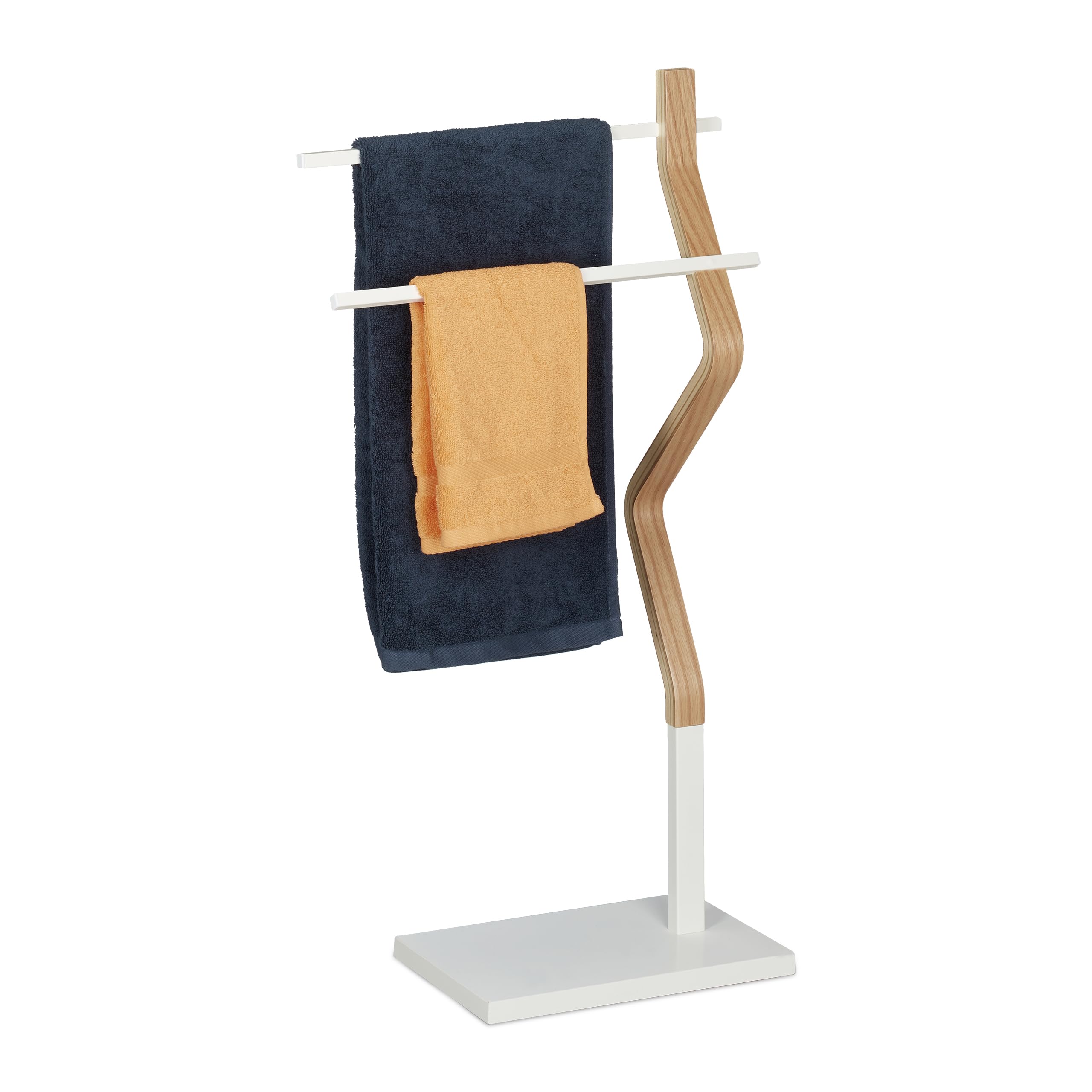 Relaxdays Towel Rack Standing, Dryer in Bent Design with 2 Bars, HxWxD: 85 x 43.5 x 20 cm, Wood & Metal, White/Natural
